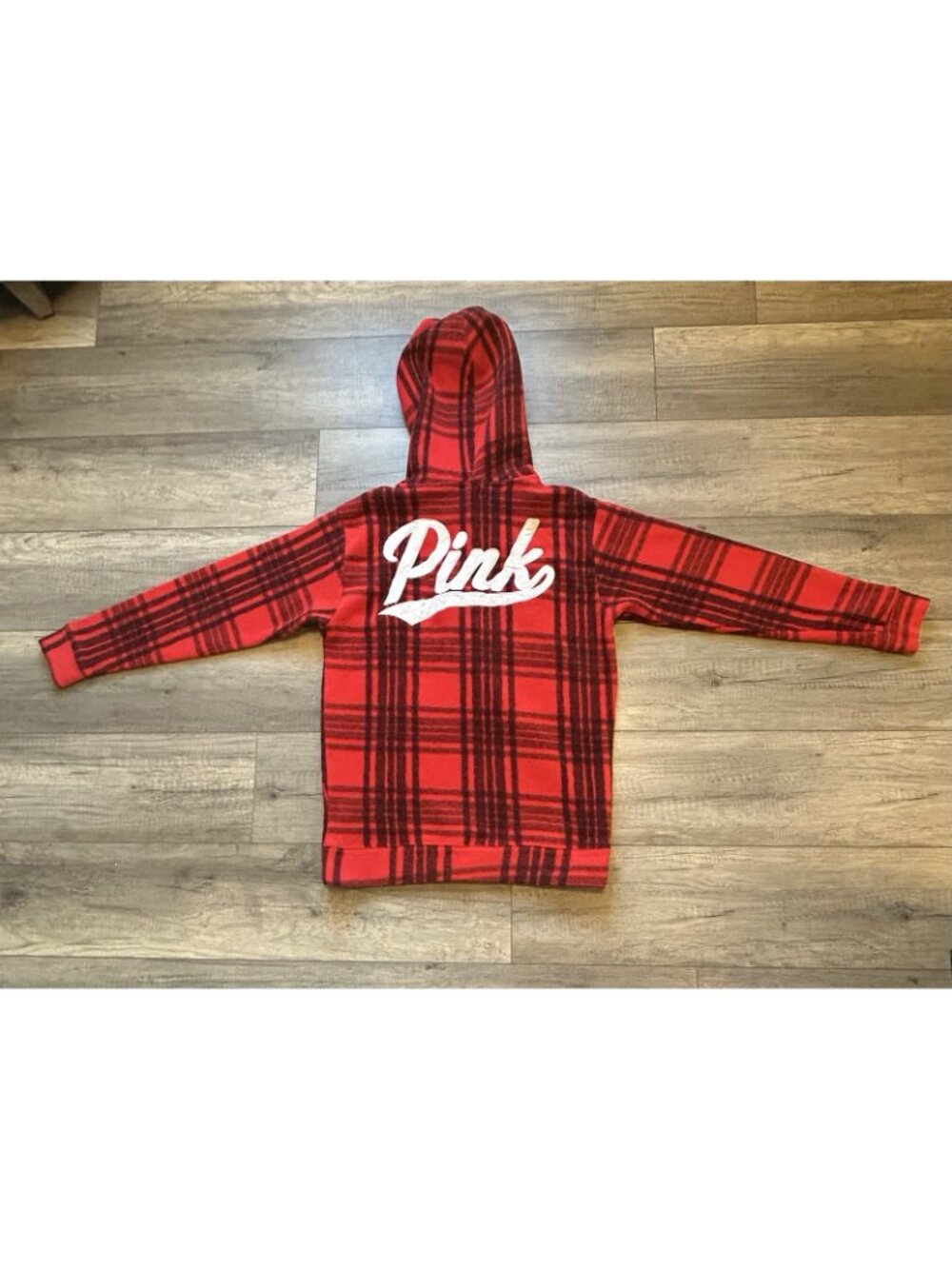 PINK Victoria's Secret Medium Polar Fleece Red Black Plaid Half-Zip Hoodie Gift - Picture 7 of 11